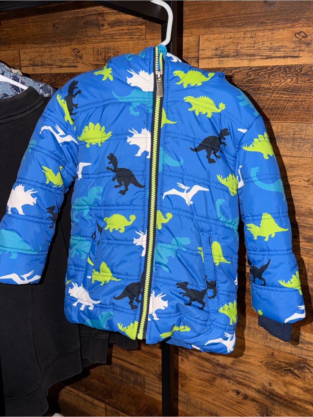 Hatley Blue Dinosaur Puffer Jacket with Green, White & Black Accents
